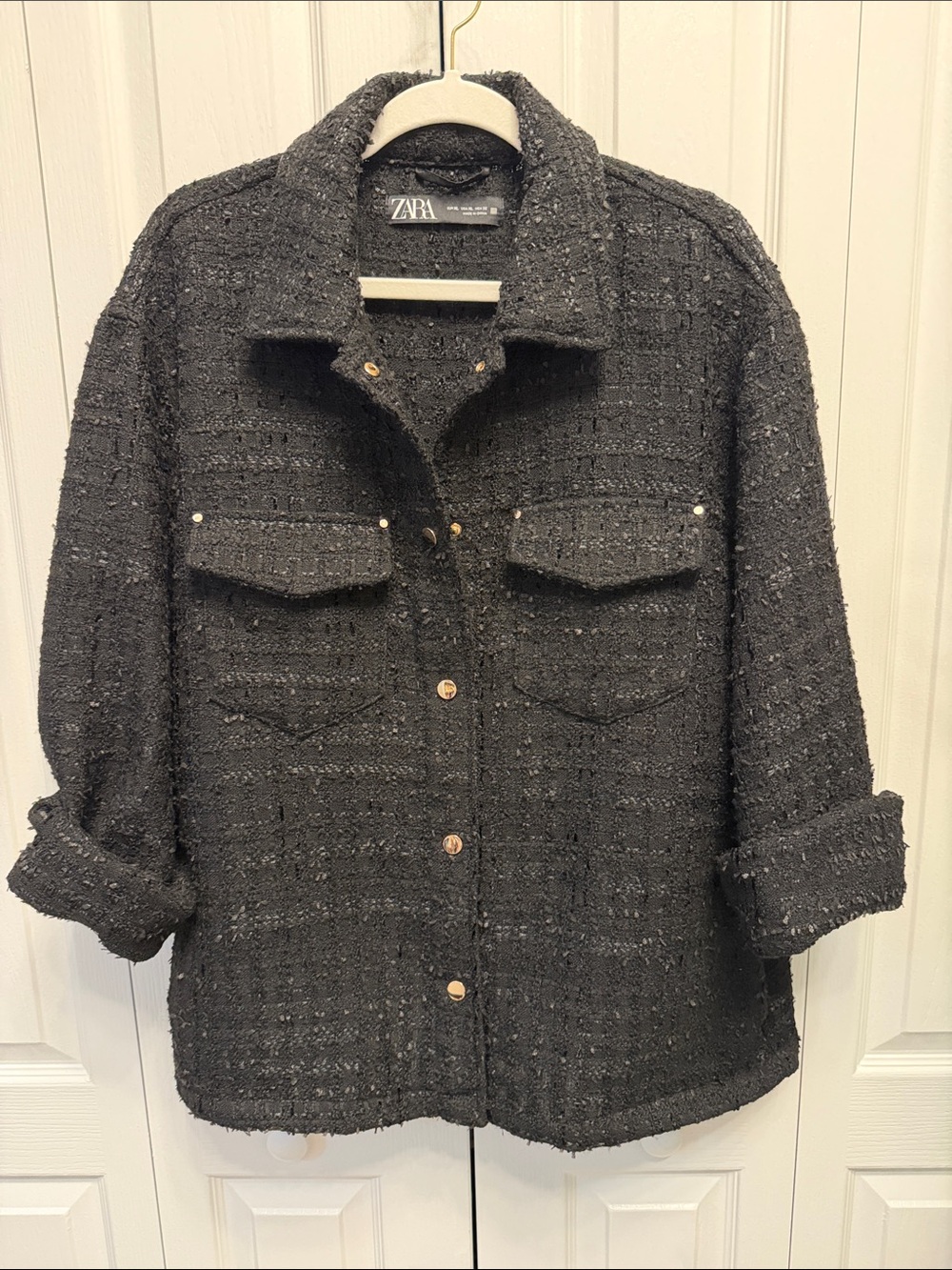 Zara Black Tweed Overshirt Jacket Gold Buttons Size XL